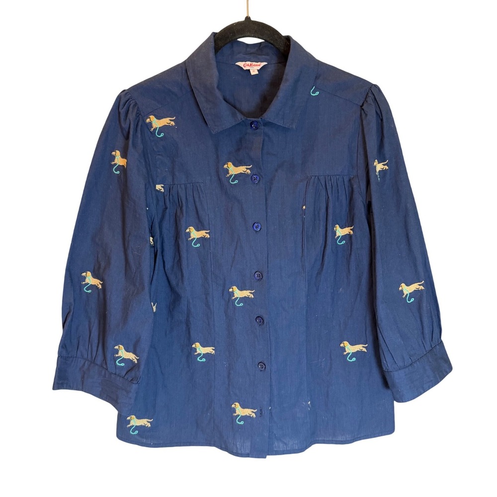 Cath Kidston Navy Blue Cotton Embroidered Dachshund Dog Blouse Top Size 10